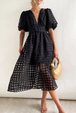 Momentlover Sweet Elegant Solid Mesh V Neck Princess Dresses