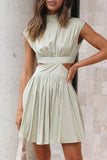 Momentlover Sweet Elegant Solid Ripped Mandarin Collar Waist Skirt Dresses