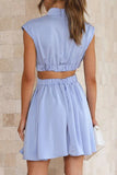 Momentlover Sweet Elegant Solid Ripped Mandarin Collar Waist Skirt Dresses