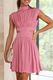 Momentlover Sweet Elegant Solid Ripped Mandarin Collar Waist Skirt Dresses