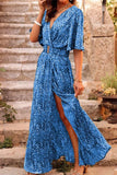 Momentlover Bohemian College Floral Patchwork With Belt V Neck Waist Skirt Dresses(5 Colors)