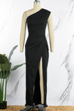 Momentlover Elegant Formal Solid Slit Asymmetrical Oblique Collar Evening Dress Dresses(8 Colors)