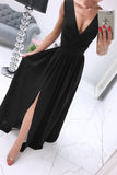 Momentlover Sexy Simplicity Solid Slit V Neck Princess Dresses