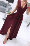 Momentlover Sexy Simplicity Solid Slit V Neck Princess Dresses