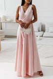 Momentlover Casual Solid Frenulum V Neck Long Dress Dresses