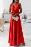 Momentlover Casual Solid Frenulum V Neck Long Dress Dresses