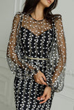 Momentlover Celebrities Elegant Solid Embroidered See-through O Neck Bandage Dress Dresses