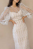 Momentlover Celebrities Elegant Solid Embroidered See-through O Neck Bandage Dress Dresses