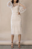 Momentlover Celebrities Elegant Solid Embroidered See-through O Neck Bandage Dress Dresses