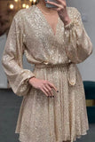 Momentlover Celebrities Elegant Solid Sequins V Neck A Line Dresses