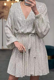 Momentlover Celebrities Elegant Solid Sequins V Neck A Line Dresses