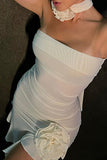Momentlover Sexy Solid Patchwork Appliques Asymmetrical Strapless Mesh Dress Dresses