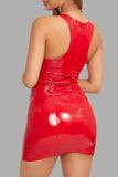 Momentlover Sexy Party Solid Patchwork Zipper U Neck One Step Skirt Dresses
