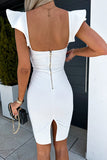 Momentlover Celebrities Elegant Solid Zipper Square Collar Wrapped Skirt Dresses