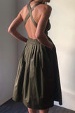 Momentlover Casual Solid Pocket Backless Square Collar A Line Dresses