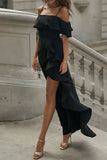 Momentlover Elegant Solid Flounce Off the Shoulder Irregular Dress Dresses