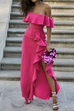Momentlover Elegant Solid Flounce Off the Shoulder Irregular Dress Dresses