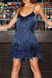 Momentlover Sexy Solid Tassel Feathers V Neck Pencil Skirt Dresses(9 Colors)