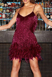 Momentlover Sexy Solid Tassel Feathers V Neck Pencil Skirt Dresses(9 Colors)