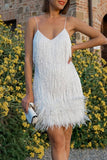 Momentlover Sexy Solid Tassel Feathers V Neck Pencil Skirt Dresses(9 Colors)