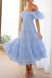 Momentlover Sweet Elegant Solid Mesh Off the Shoulder Cake Skirt Dresses