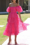 Momentlover Sweet Elegant Solid Mesh Off the Shoulder Cake Skirt Dresses