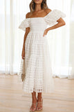 Momentlover Sweet Elegant Solid Mesh Off the Shoulder Cake Skirt Dresses