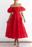Momentlover Sweet Elegant Solid Mesh Off the Shoulder Cake Skirt Dresses
