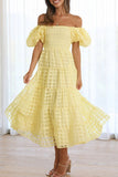 Momentlover Sweet Elegant Solid Mesh Off the Shoulder Cake Skirt Dresses