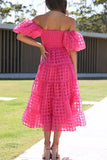 Momentlover Sweet Elegant Solid Mesh Off the Shoulder Cake Skirt Dresses