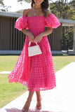 Momentlover Sweet Elegant Solid Mesh Off the Shoulder Cake Skirt Dresses