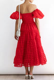 Momentlover Sweet Elegant Solid Mesh Off the Shoulder Cake Skirt Dresses