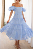 Momentlover Sweet Elegant Solid Mesh Off the Shoulder Cake Skirt Dresses