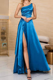 Momentlover Elegant Solid Slit Oblique Collar Evening Dress Dresses(4 Colors)