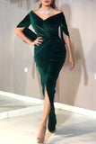 Momentlover Elegant Formal Solid Slit Fold V Neck Evening Dress Dresses