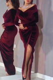 Momentlover Elegant Formal Solid Slit Fold V Neck Evening Dress Dresses