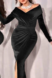 Momentlover Elegant Formal Solid Slit Fold V Neck Evening Dress Dresses