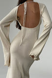 Momentlover Casual Solid Backless Stringy Selvedge O Neck Long Sleeve Dresses