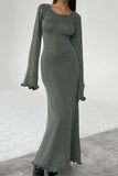 Momentlover Casual Solid Backless Stringy Selvedge O Neck Long Sleeve Dresses
