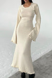 Momentlover Casual Solid Backless Stringy Selvedge O Neck Long Sleeve Dresses