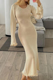 Momentlover Casual Solid Backless Stringy Selvedge O Neck Long Sleeve Dresses