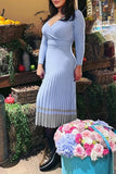 Momentlover Elegant Striped Patchwork V Neck Pleated Dresses