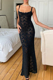Momentlover Sexy Solid Lace See-through Square Collar Wrapped Skirt Dresses