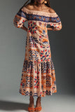 Momentlover Elegant College Floral Patchwork Off the Shoulder Printed Dress Dresses