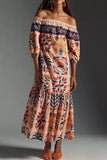 Momentlover Elegant College Floral Patchwork Off the Shoulder Printed Dress Dresses