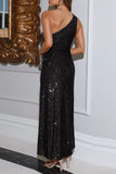 Momentlover Sexy Formal Patchwork Hollowed Out Sequins Frenulum Slit Oblique Collar Evening Dress Dresses