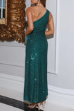 Momentlover Sexy Formal Patchwork Hollowed Out Sequins Frenulum Slit Oblique Collar Evening Dress Dresses
