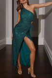 Momentlover Sexy Formal Patchwork Hollowed Out Sequins Frenulum Slit Oblique Collar Evening Dress Dresses