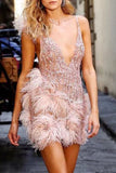 Momentlover Sexy Solid See-through Feathers V Neck Princess Dresses
