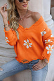 Momentlover Flower Distressed Ribbed Trim Sweater